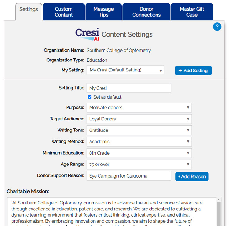 Cresi AI - Settings Cresi AI - Settings